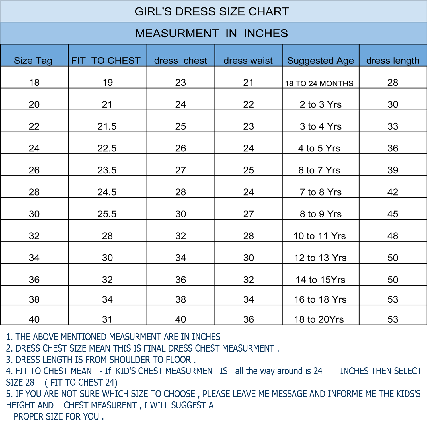 Indian Girl Dress Size Chart