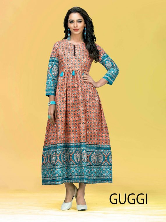 KACERY Women’s long cotton printed kurti with full flare ethnic dress top tunic- k100 1