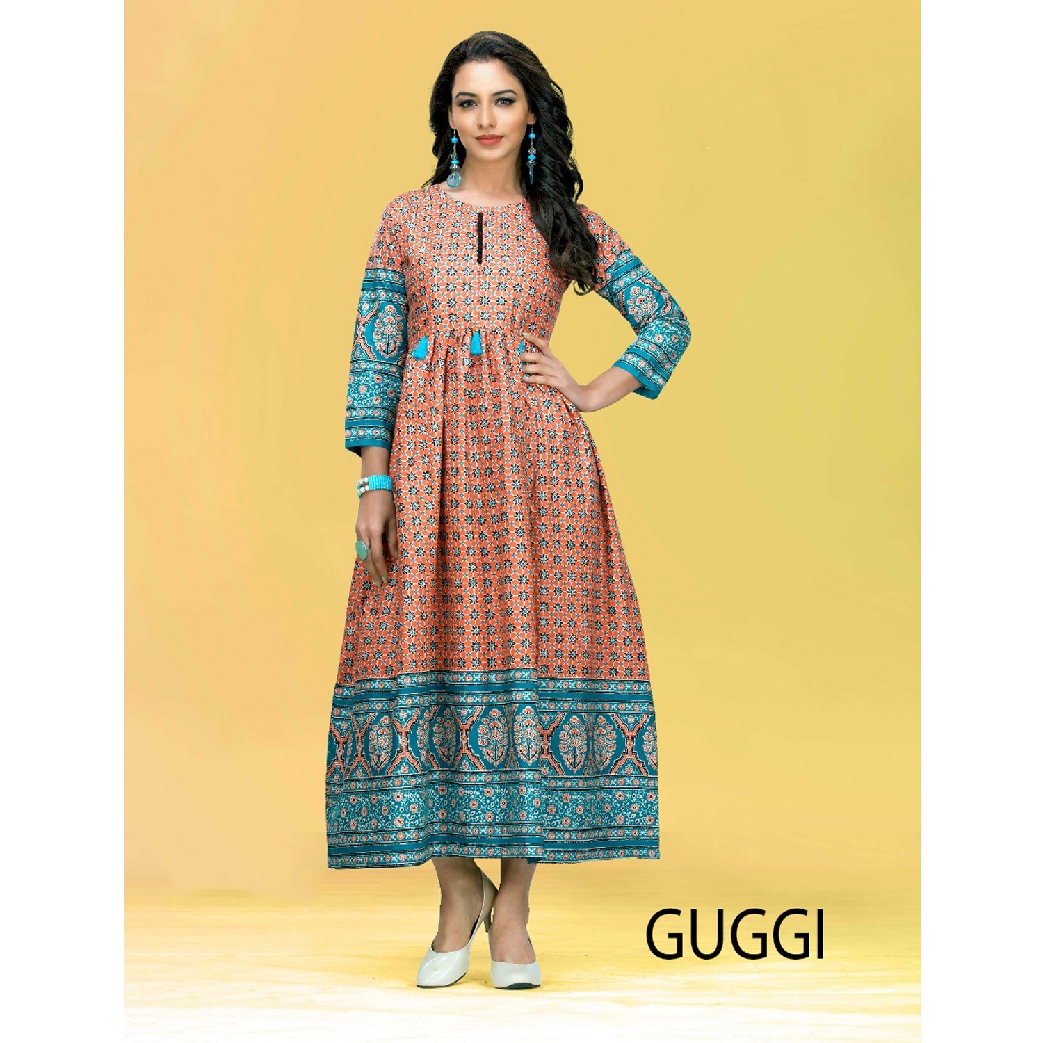 KACERY Women’s long cotton printed kurti with full flare ethnic dress top tunic- k100 1