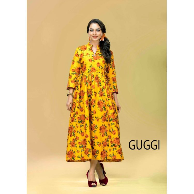 KACERY Women's long cotton printed kurti with full flare ethnic dress top tunic- k100