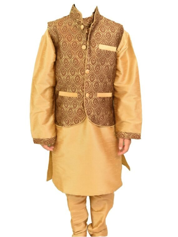 Kids Boys Brown Three Peice Kurta Pajama Jacket-BJK200 1