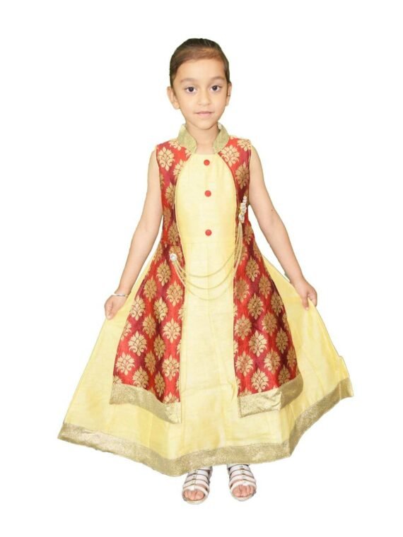 Kid Girls Gold Anarkali Frock Suit Indian Dress 1