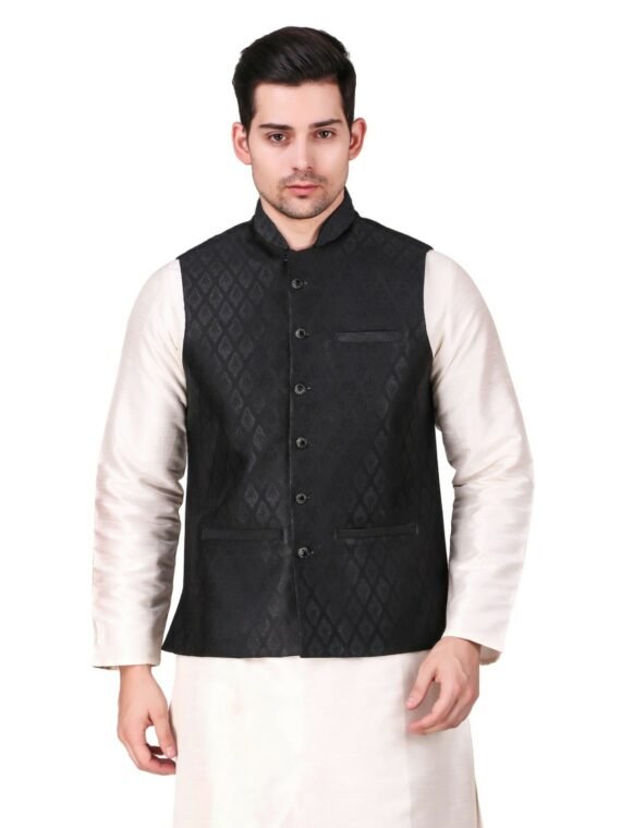 Men's Indian White Kurta Pajama With Black Jacket Suit Ethnic GR833