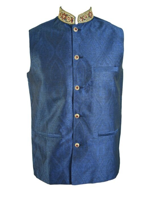 Men’s Indian Blue Jacquard Nehru Waistcoat Modi Ethnic Jacket-JA2003 1