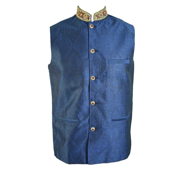 Men’s Indian Blue Jacquard Nehru Waistcoat Modi Ethnic Jacket-JA2003
