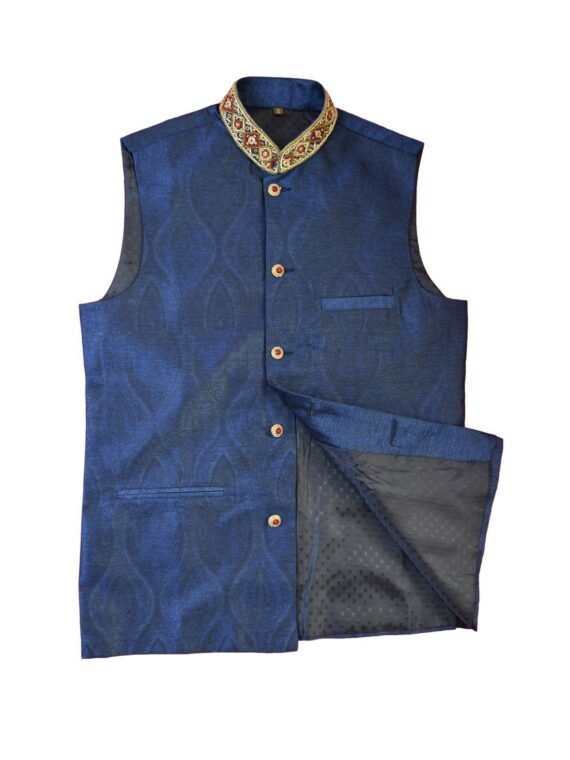 Men’s Indian Blue Jacquard Nehru Waistcoat Modi Ethnic Jacket-JA2003